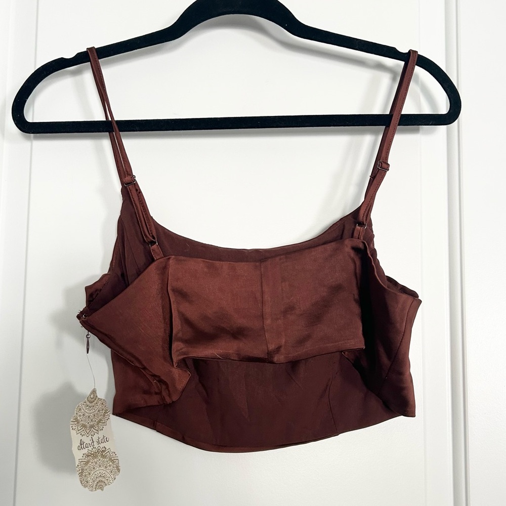 Altar’d State Kinaly Satin Cowl Neck Brown Crop Top - Picture 3 of 3
